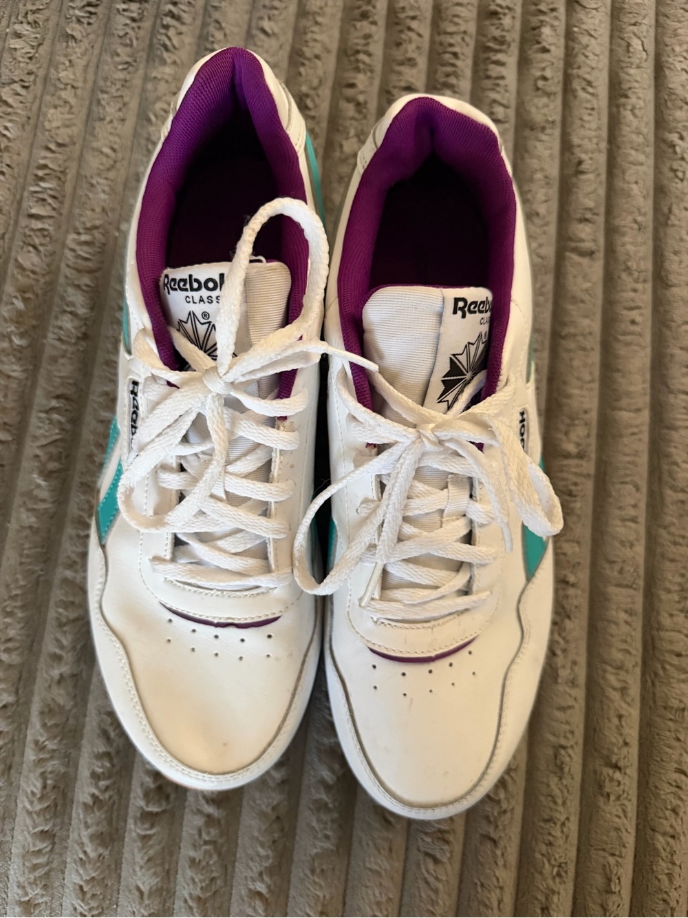 White Leather Sneakers w/ Teal&Purple Accents